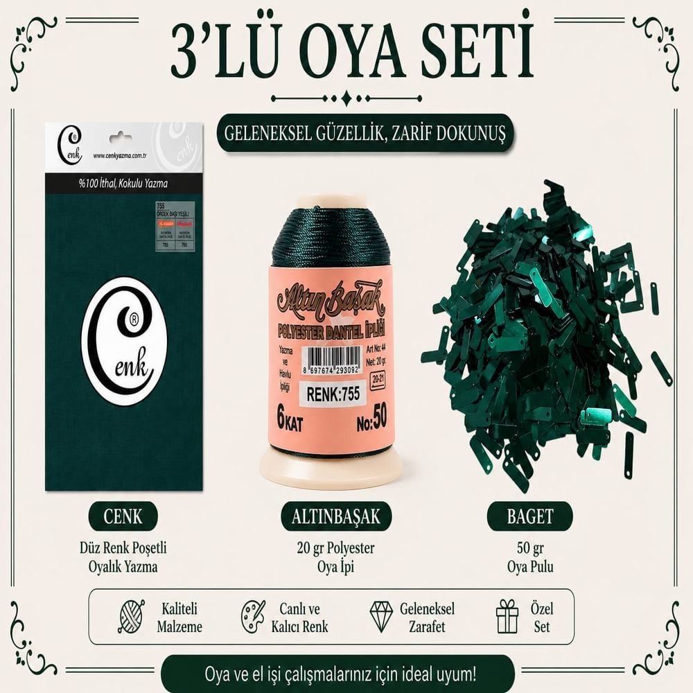 Cenk Düz Renk Poşetli Yazma Ördek Başı Yeşili-Altınbaşak 20gr Polyester İpi-50gr Baget Oya Pulu