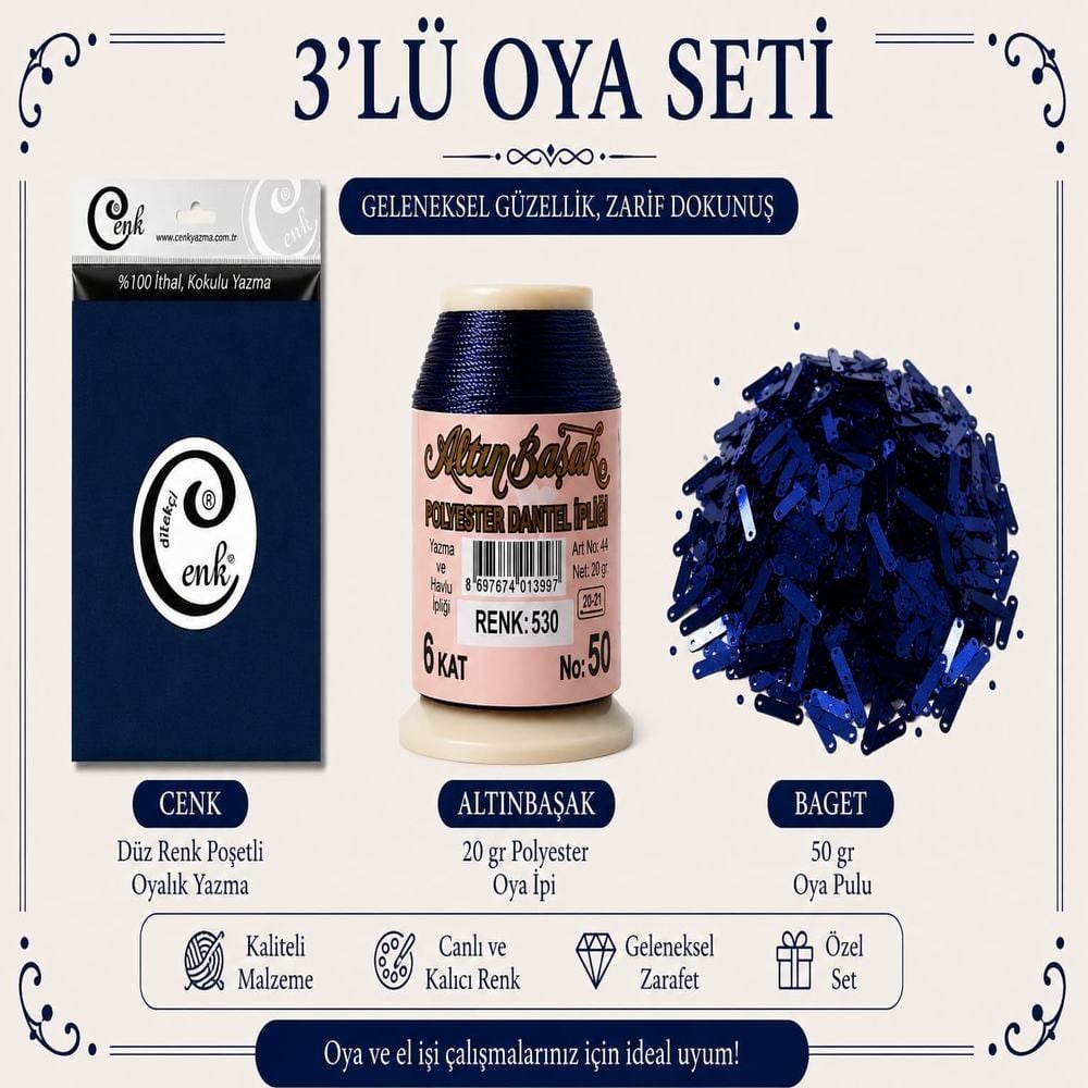 Cenk Düz Renk Poşetli Yazma Gece Mavisi-Altınbaşak 20gr Polyester İpi-50gr Baget Oya Pulu