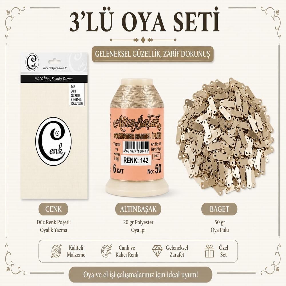 Cenk Düz Renk Poşetli Yazma Ekru-Altınbaşak 20gr Polyester İpi-50gr Baget Oya Pulu
