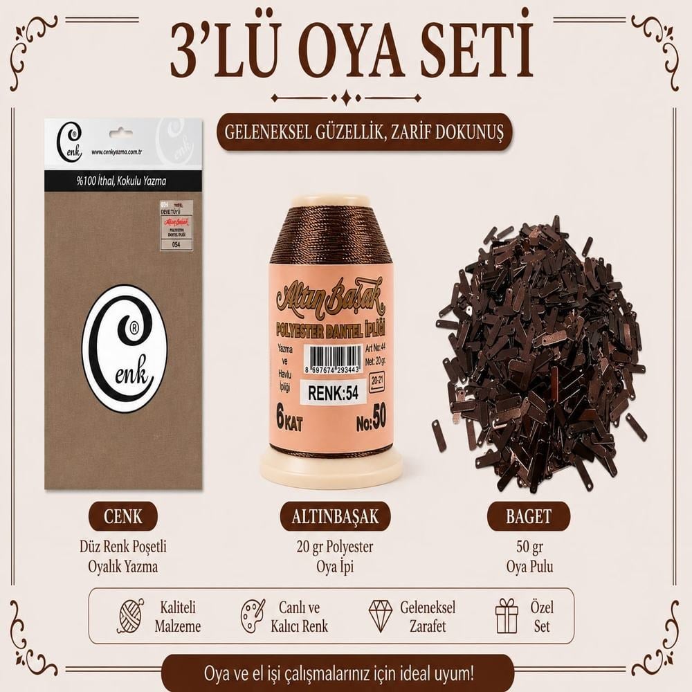 Cenk Düz Renk Poşetli Yazma Deve Tüyü-Altınbaşak 20gr Polyester İpi-50gr Baget Oya Pulu