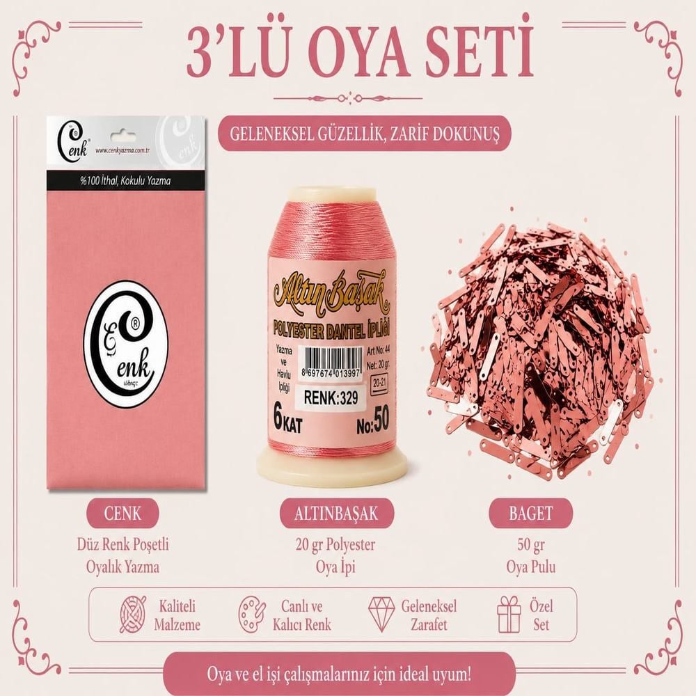 Cenk Düz Renk Poşetli Yazma Yavruağzı-Altınbaşak 20gr Polyester İpi-50gr Baget Oya Pulu