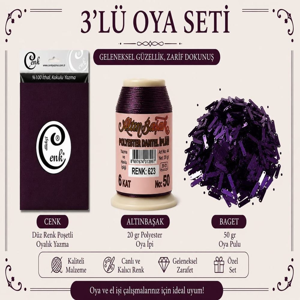 Cenk Düz Renk Poşetli Yazma Mürdüm-Altınbaşak 20gr Polyester İpi-50gr Baget Oya Pulu
