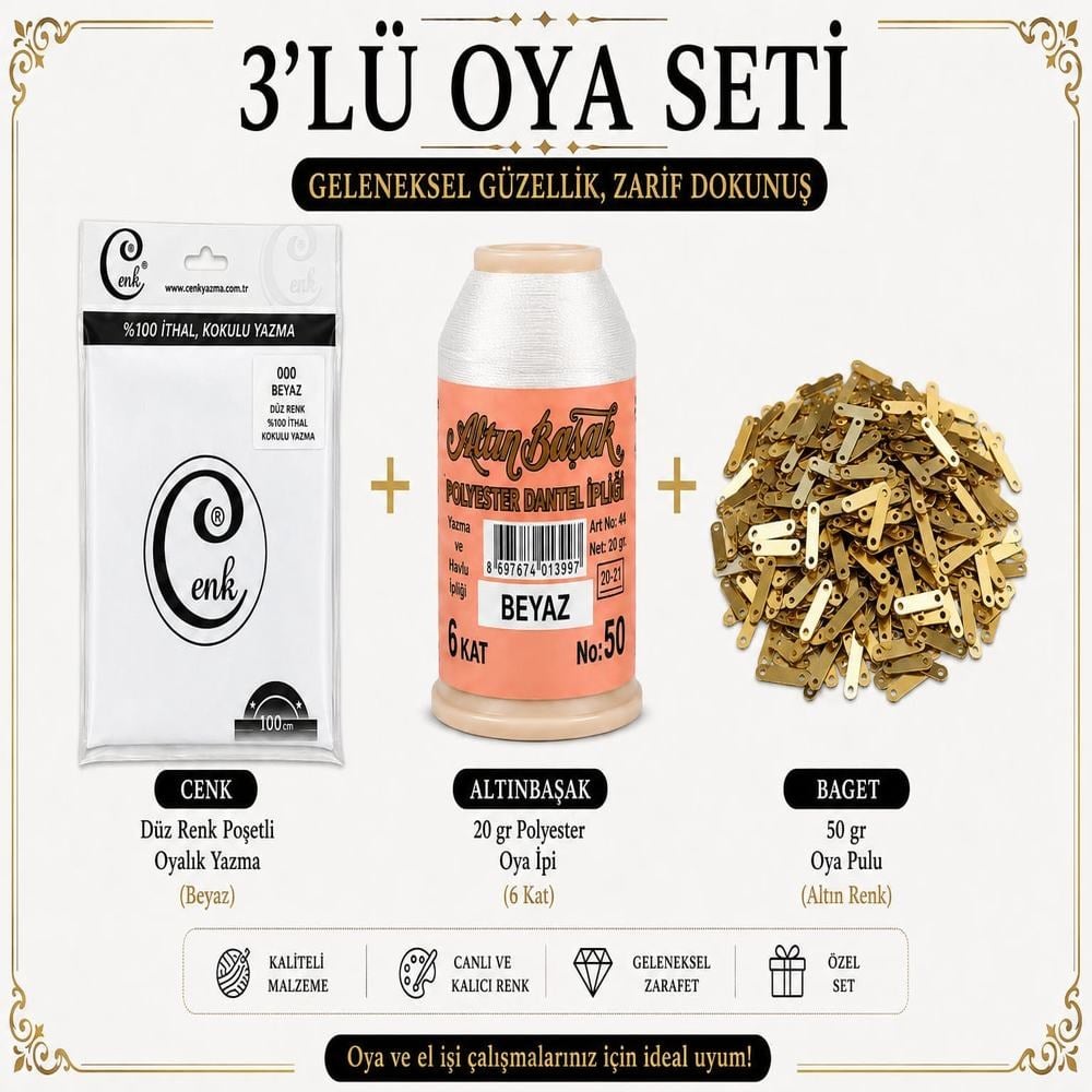 Cenk Düz Renk Poşetli Yazma Beyaz-Altınbaşak 20gr Polyester İpi-50gr Baget Oya Pulu