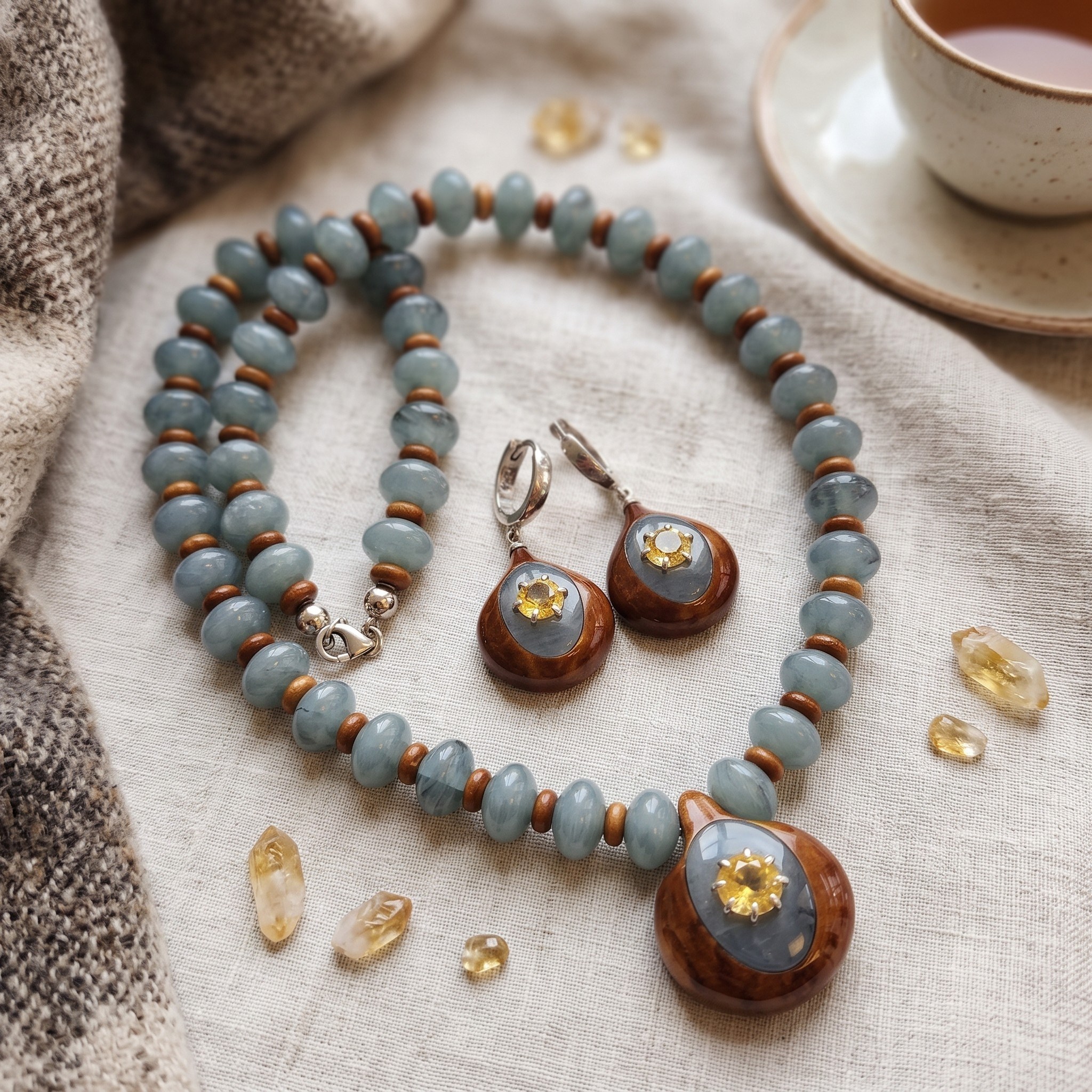 Sitrin Taşlı Bakalit & Kuka Gümüş Set 