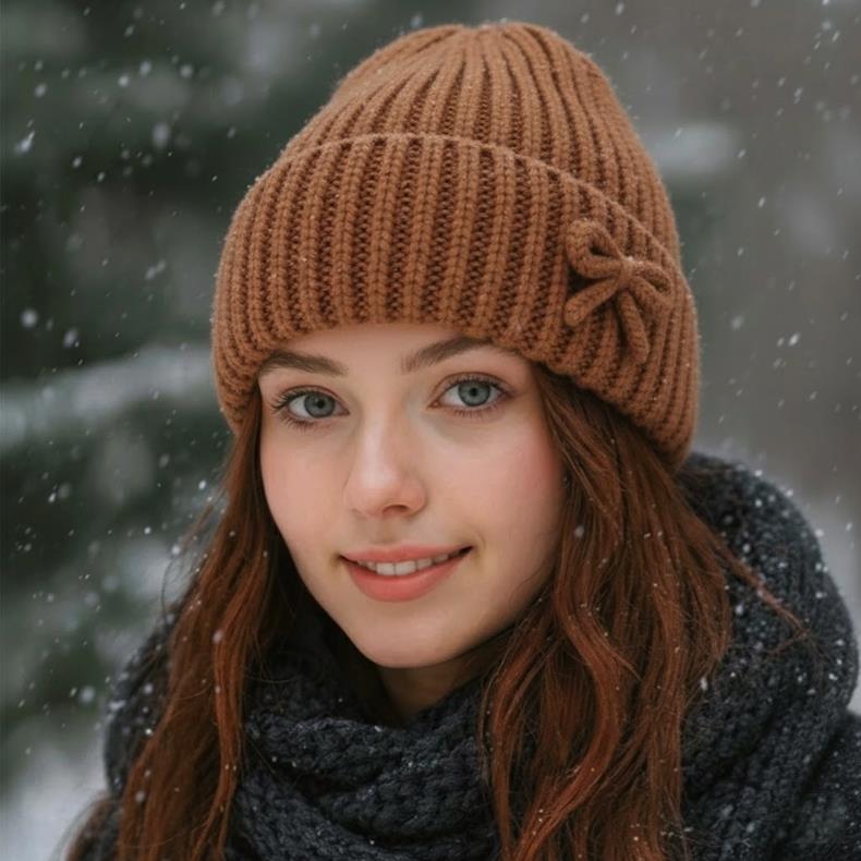 Dalmaç Sütlü Kahve Fiyonk Detaylı Kadın Bere - Yumuşak Dokulu Sıcak Tutan Kışlık Bere