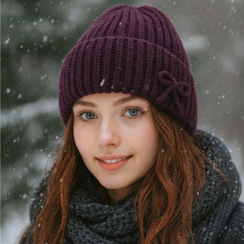 Dalmaç Mor Fiyonk Detaylı Kadın Bere - Yumuşak Dokulu Sıcak Tutan Kışlık Bere