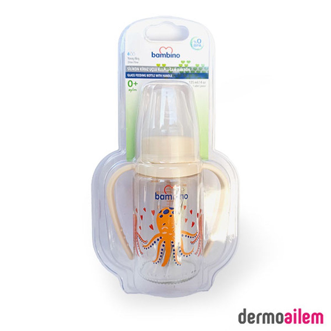 Bambino Silikon Kiraz Uçlu Kulplu Cam Biberon 125 Ml Krem B015