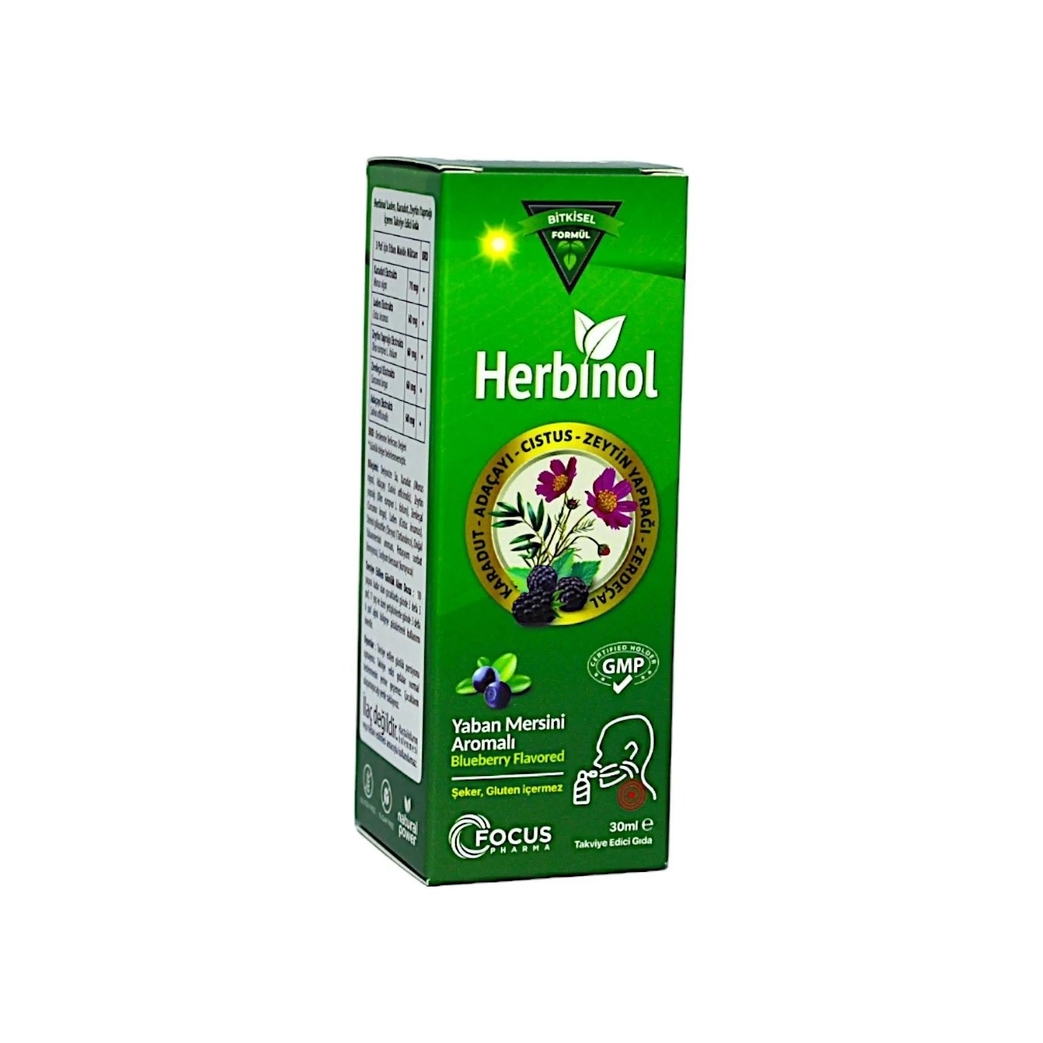 Focus Pharma Herbinol Cistus Karadut ve Zeytinyaprağı İçeren Boğaz Spreyi 30 ml
