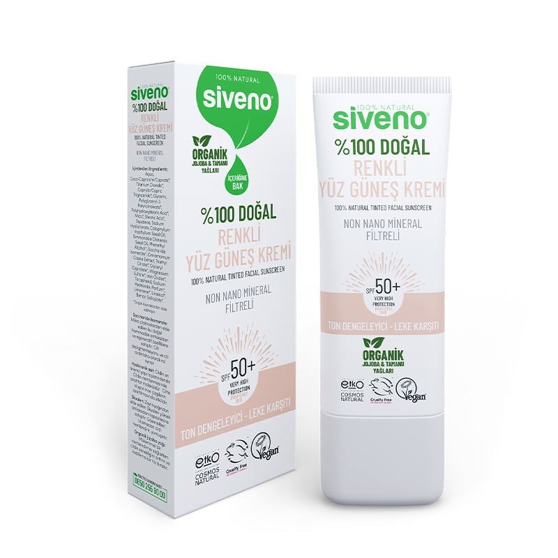 Siveno %100 Doğal Yüz Renkli Ton Eşitleyici Leke Karşıtı Güneş Kremi UVA UVB SPF50+ 30 ml