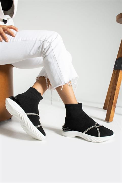 Fulya Siyah-Beyaz Streç Triko Kadın Spor Ayakkabı