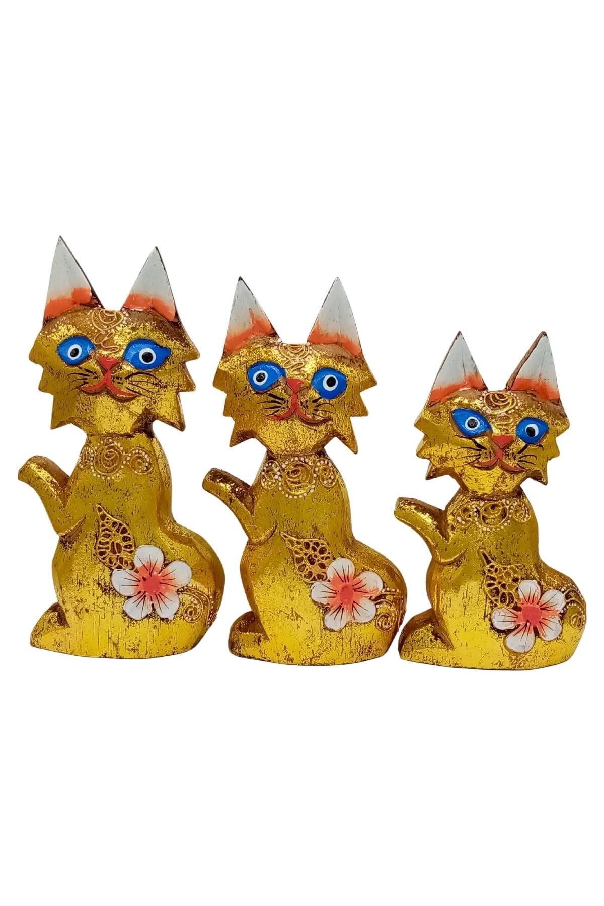 EndonezyaDünyadan HediyelerDNY-HDYOZGKD02Keskin Hediyelik Eşya Ve TekstilAhşap Simli Üçlü Kedi Dekoratif Biblo No.2 17 cm