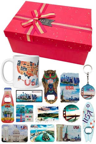 Amerika Birleşik DevletleriDünyadan HediyelerDNY-HDYKT29Keskin Hediyelik Eşya Ve TekstilABD Hediye Kutusu 10 Parça Kupa Magnet Anahtarlık Kutu