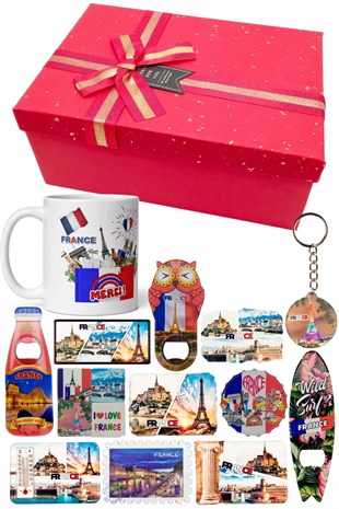 FransaDünyadan HediyelerDNY-HDYKT06Keskin Hediyelik Eşya Ve TekstilFransa Hediye Kutusu 10 Parça Kupa Magnet Anahtarlık Kutu
