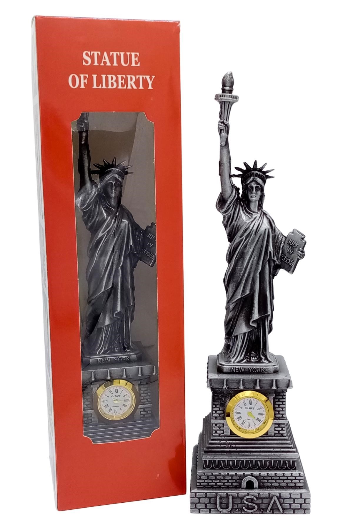 Amerika Birleşik DevletleriDünyadan HediyelerDNY-HDY1683Keskin Hediyelik Eşya Ve TekstilMetal Saatli Özgürlük Heykeli Gümüş Vintage Dekor USA 25cm