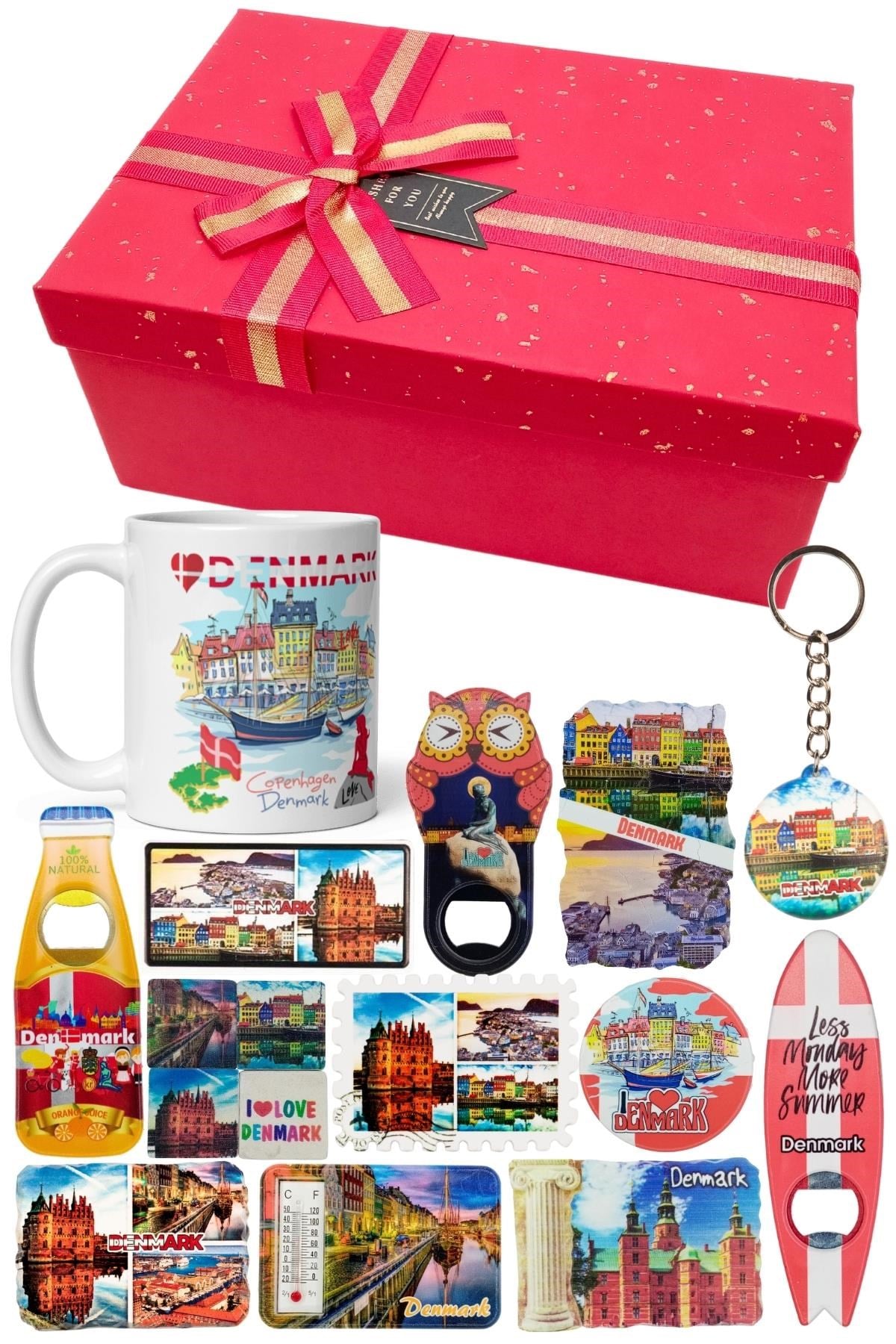 DanimarkaDünyadan HediyelerDNY-HDYKT05Keskin Hediyelik Eşya Ve TekstilDanimarka Hediye Kutusu 10 Parça Kupa Magnet Anahtarlık Kutu