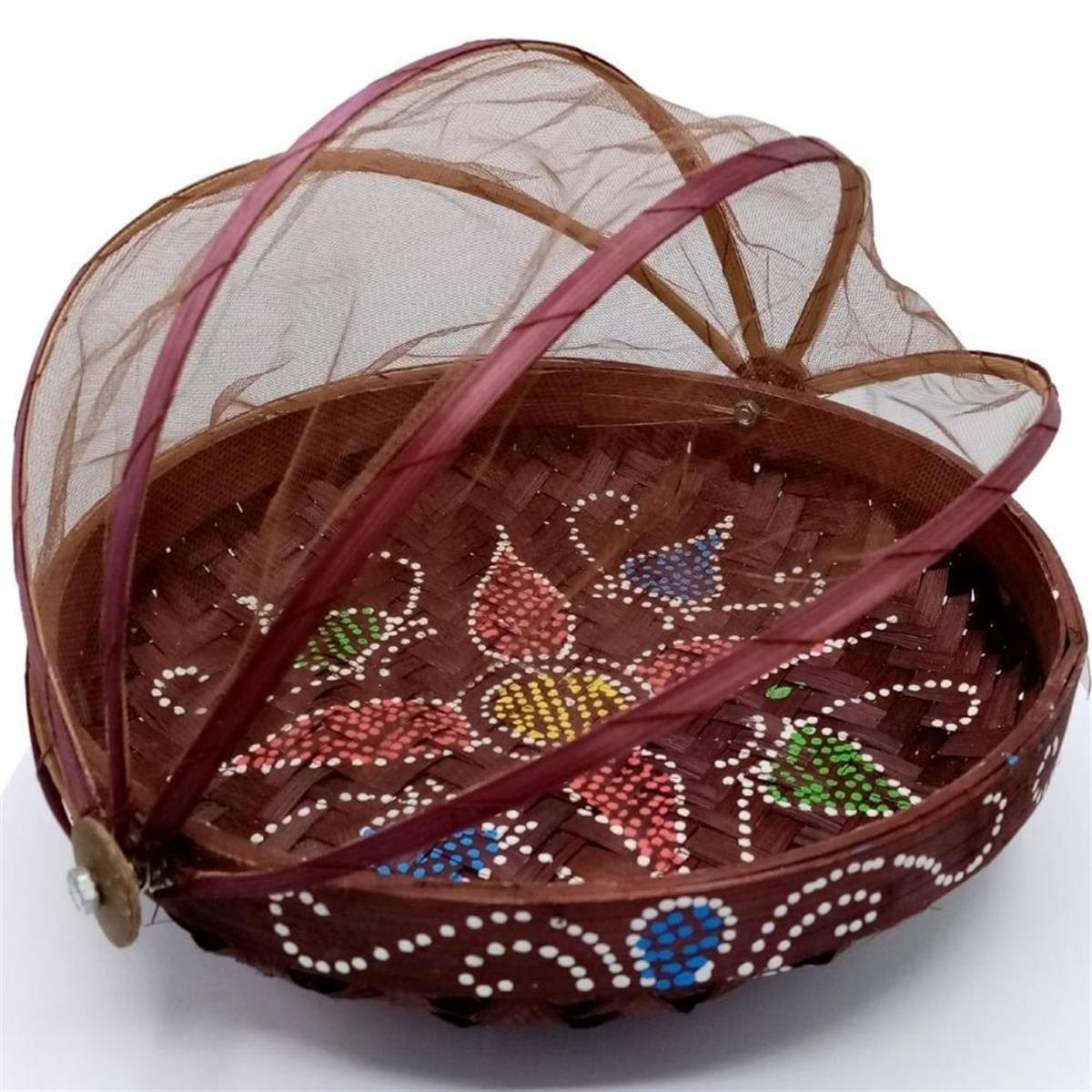 EndonezyaDünyadan HediyelerDNY-HD100489Keskin Hediyelik Eşya Ve TekstilKahverengi Hasır Ekmek Sepeti 25cm Hareketli Tül Kapaklı Batikli Kulplu