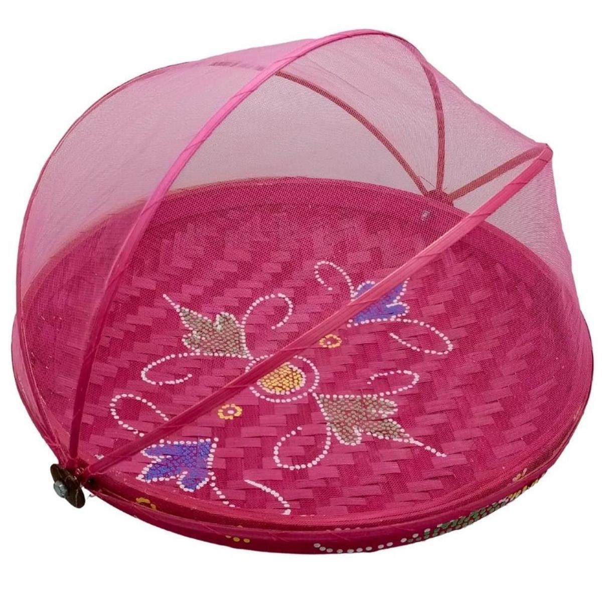 EndonezyaDünyadan HediyelerDNY-HD100485Keskin Hediyelik Eşya Ve TekstilPembe Hasır Ekmek Sepeti 35cm Hareketli Tül Kapaklı Batikli Kulplu