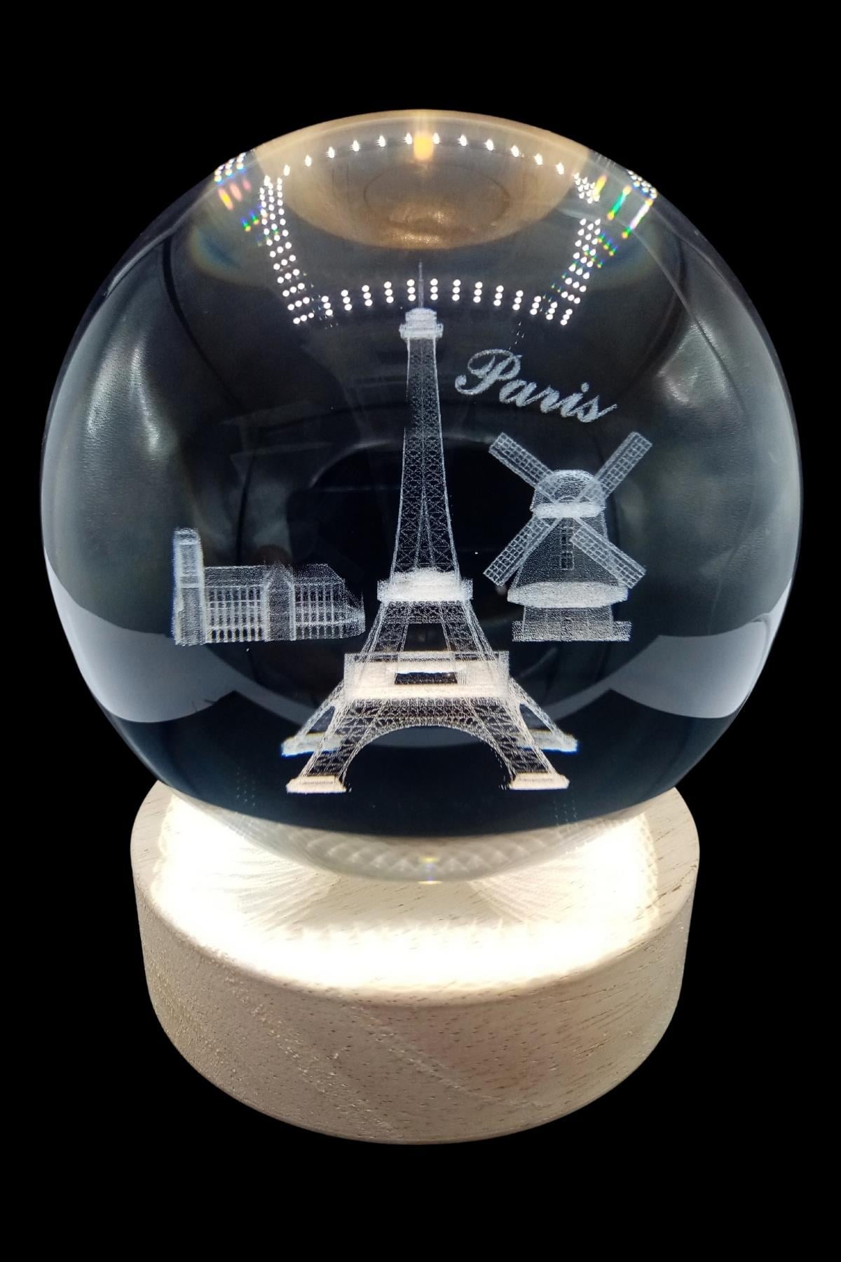 FransaDünyadan HediyelerDNY-HDYPRS31Keskin Hediyelik Eşya Ve TekstilParis Kristal Cam Küre 8cm Led Işıklı Usb Kablolu Ahşap Stantlı Gece Lambası