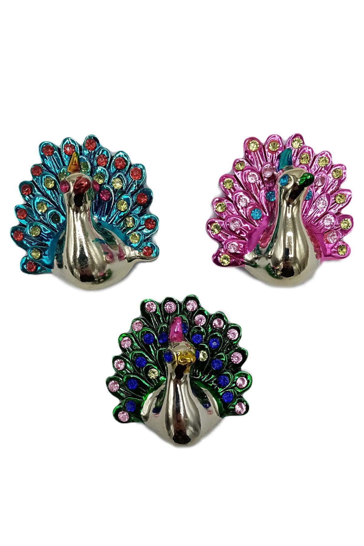 HindistanDünyadan HediyelerDNY-HD100396Keskin Hediyelik Eşya Ve TekstilTavus Kuşu Magnet Üç Renk Kristal Taşlı Üçlü Set