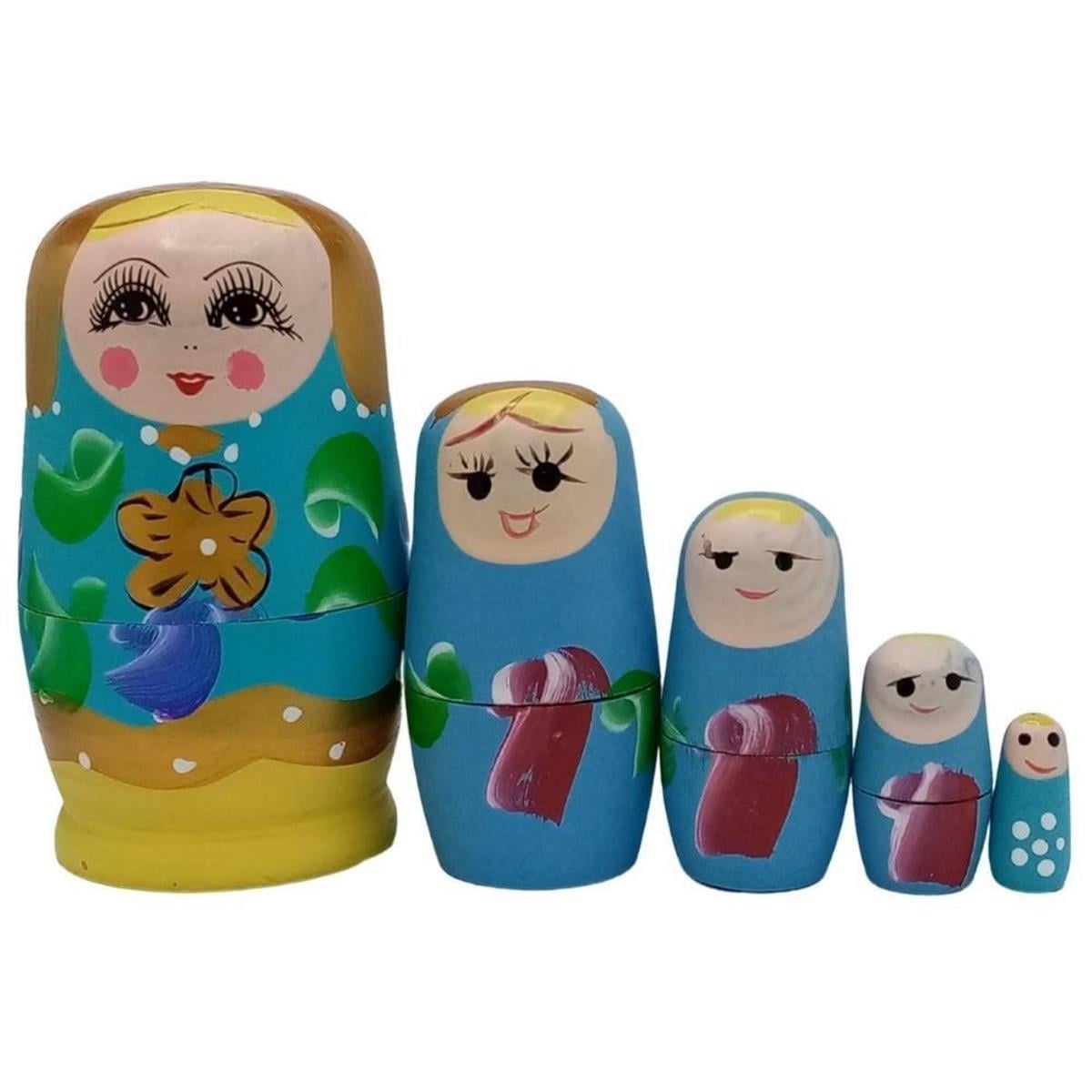 RusyaDünyadan HediyelerDNY-HD100535Keskin Hediyelik Eşya Ve TekstilAhşap Matruşka Bebek Beşli Set Agua Mavi Sarı