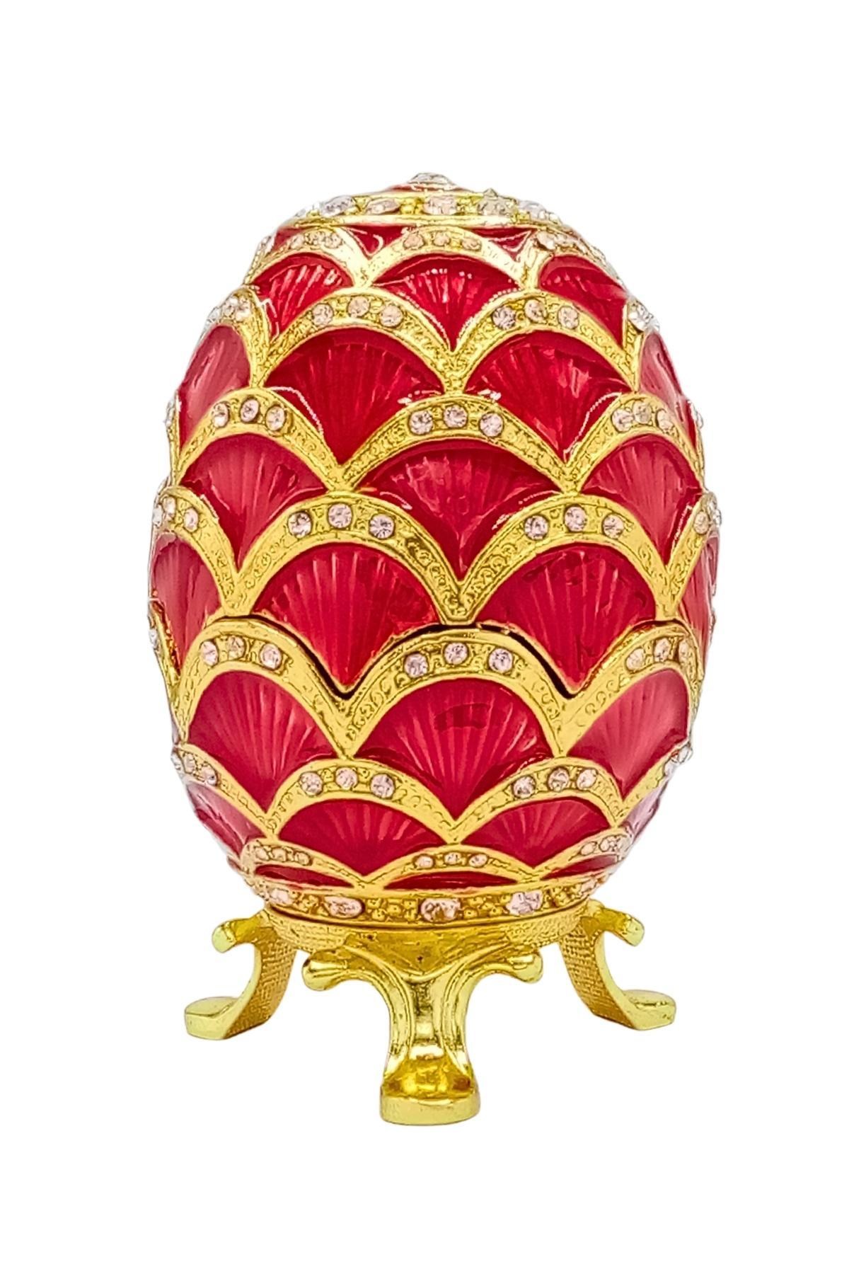 RusyaDünyadan HediyelerDNY-HD100603Keskin Hediyelik Eşya Ve TekstilFaberge Yumurta Swarovski Taşlı Lüks Mücevher Kutusu Kırmızı Gold 10cm HEDİYELİ
