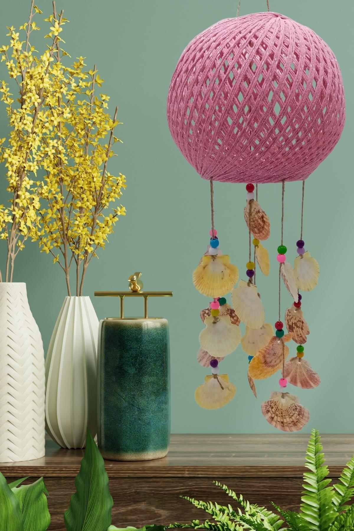 TürkiyeDünyadan HediyelerDNY-HD100618Keskin Hediyelik Eşya Ve TekstilRüzgar Çanı Jüt ip Hasır Top Kafesli Lamba Başlığı Pembe Deniz Kabuklu