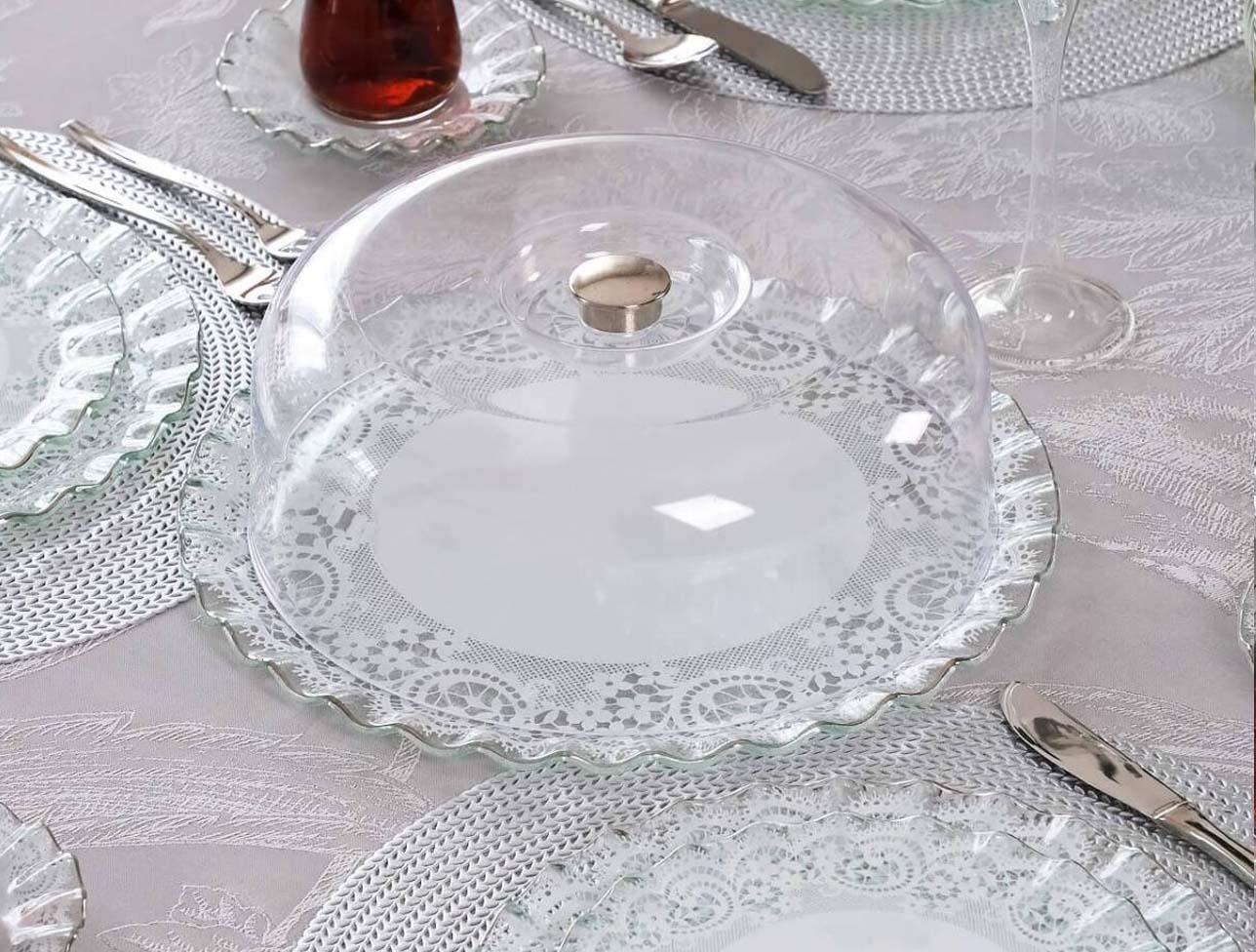 GLORE Marche Platin Yuvarlak Kek Fanusu 31 Cm