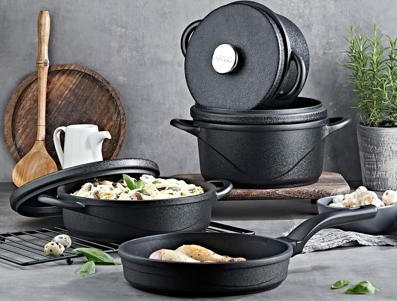 OMS WAYV DÖKÜM TENCERE SETİ SİYAH KUVARS 7 PARÇA