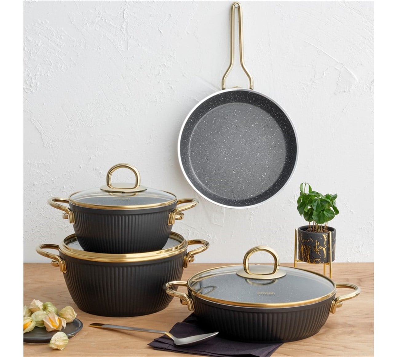EMSAN 7 PARÇA TENCERE SET GRANİT LINE SİYAH-GOLD