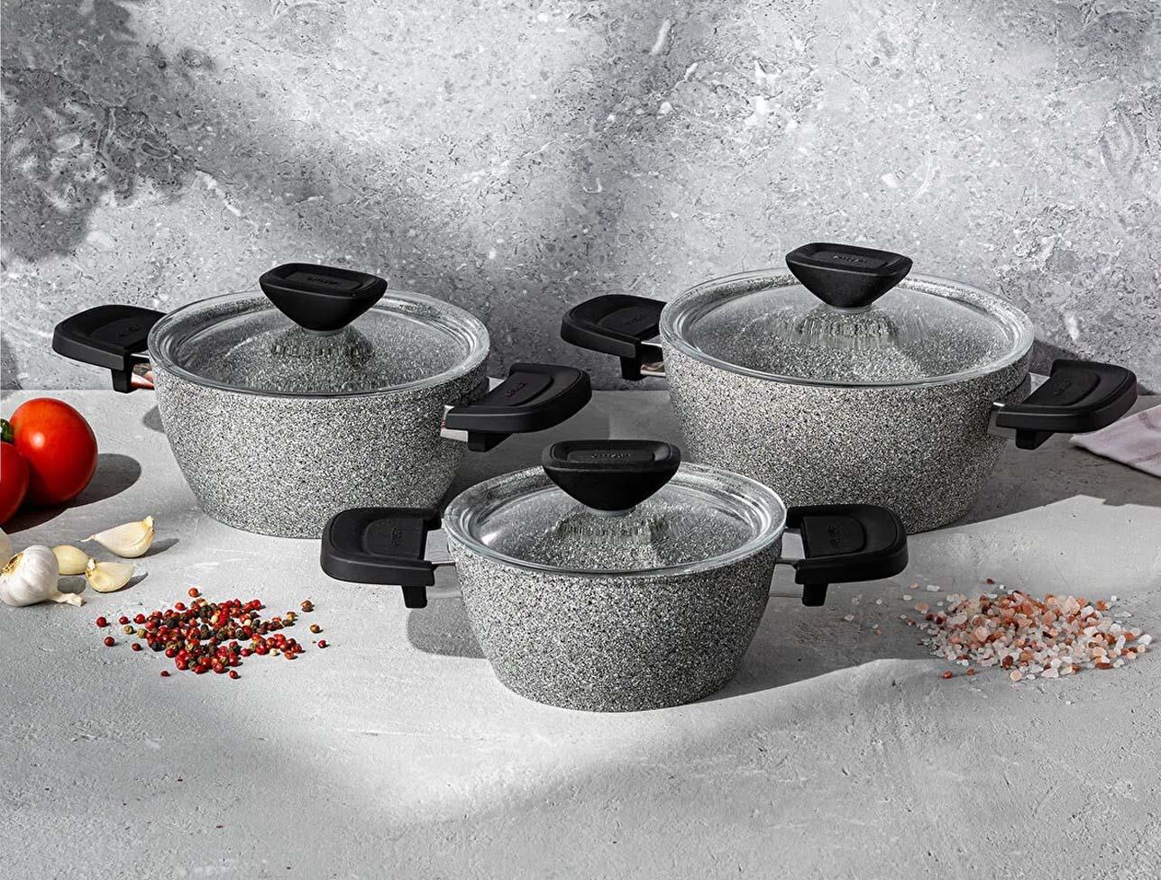 EMSAN FORTIS GRANİT 6 PARÇA MİDİ TENCERE SETİ GRİ