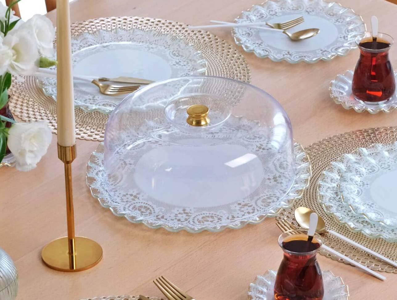 GLORE Marche Altın Yuvarlak Kek Fanusu 31 Cm