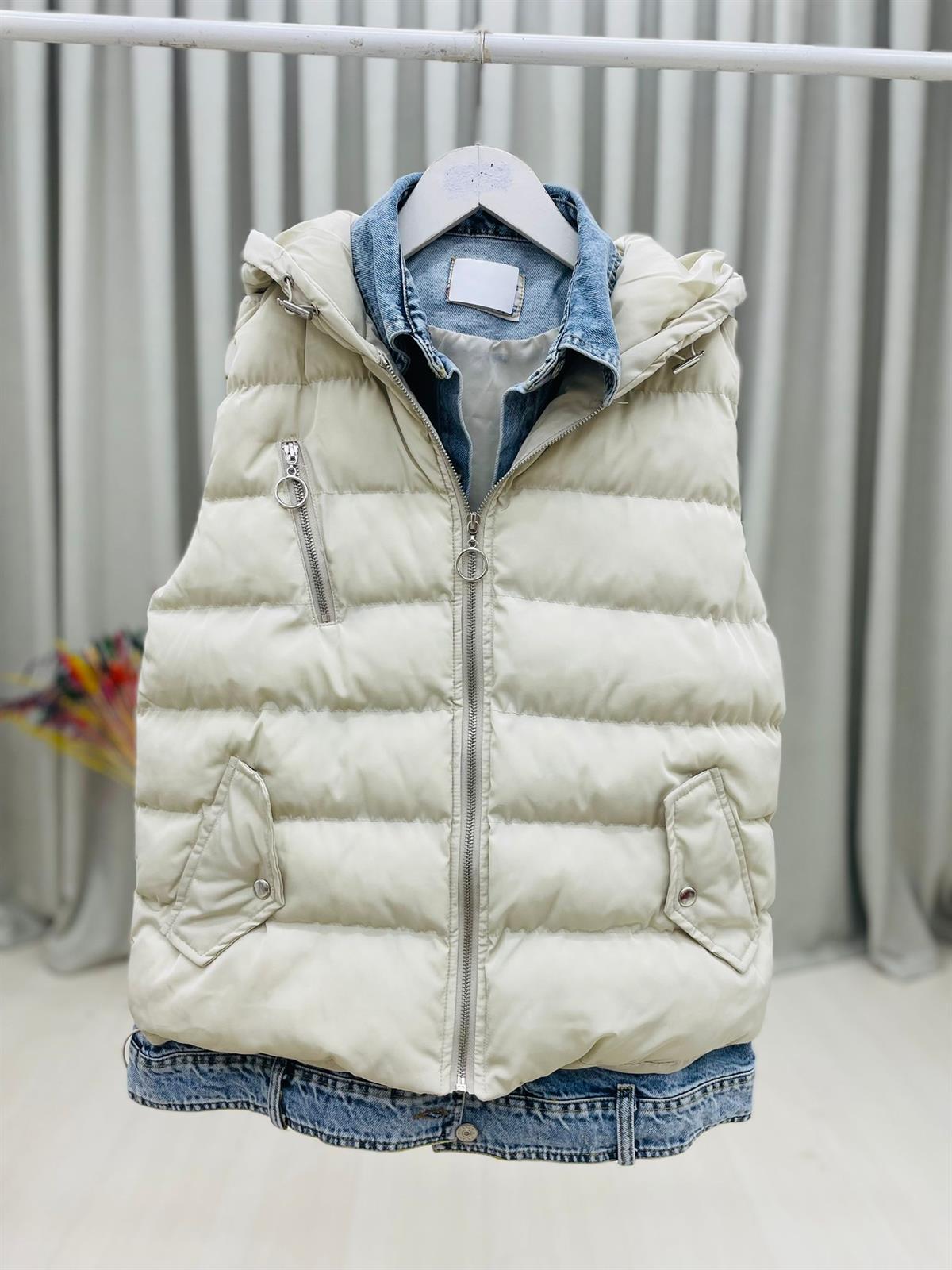 1. Kalite Denim Detaylı Şişme Yelek-Bej