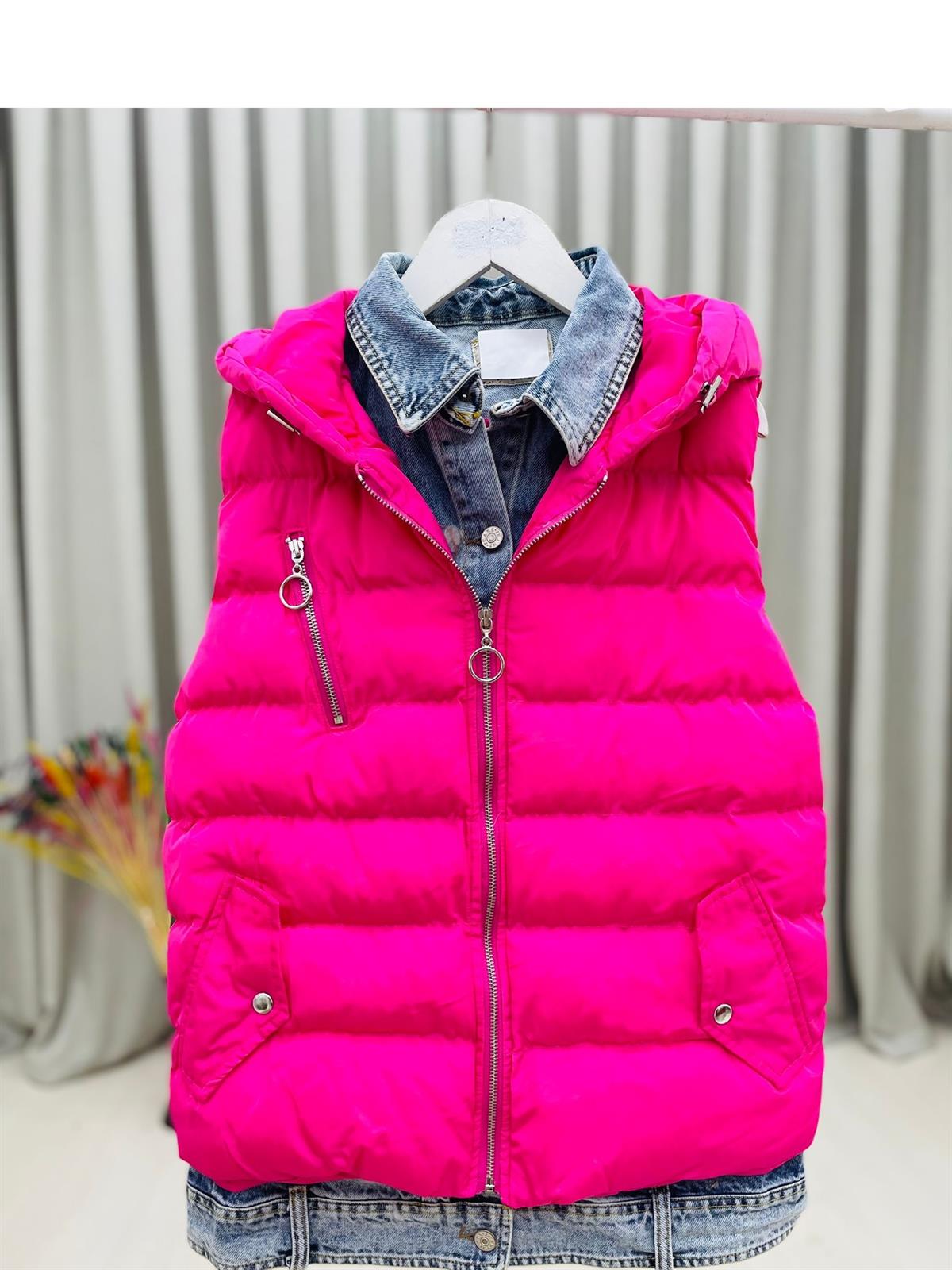1. Kalite Denim Detaylı Şişme Yelek-Fuşya