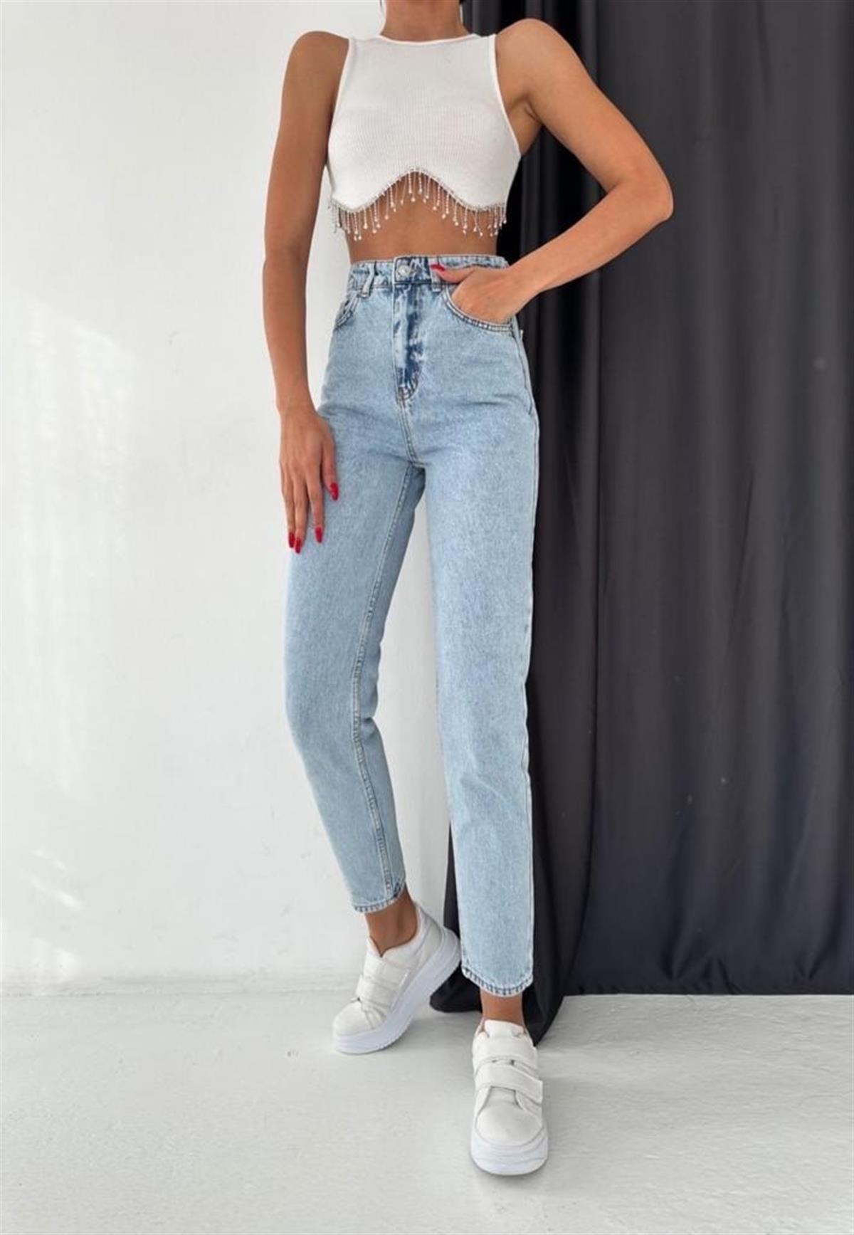 Açık Buz Mavisi Kar Yıkama Mom Jean 1001-Buz Mavi