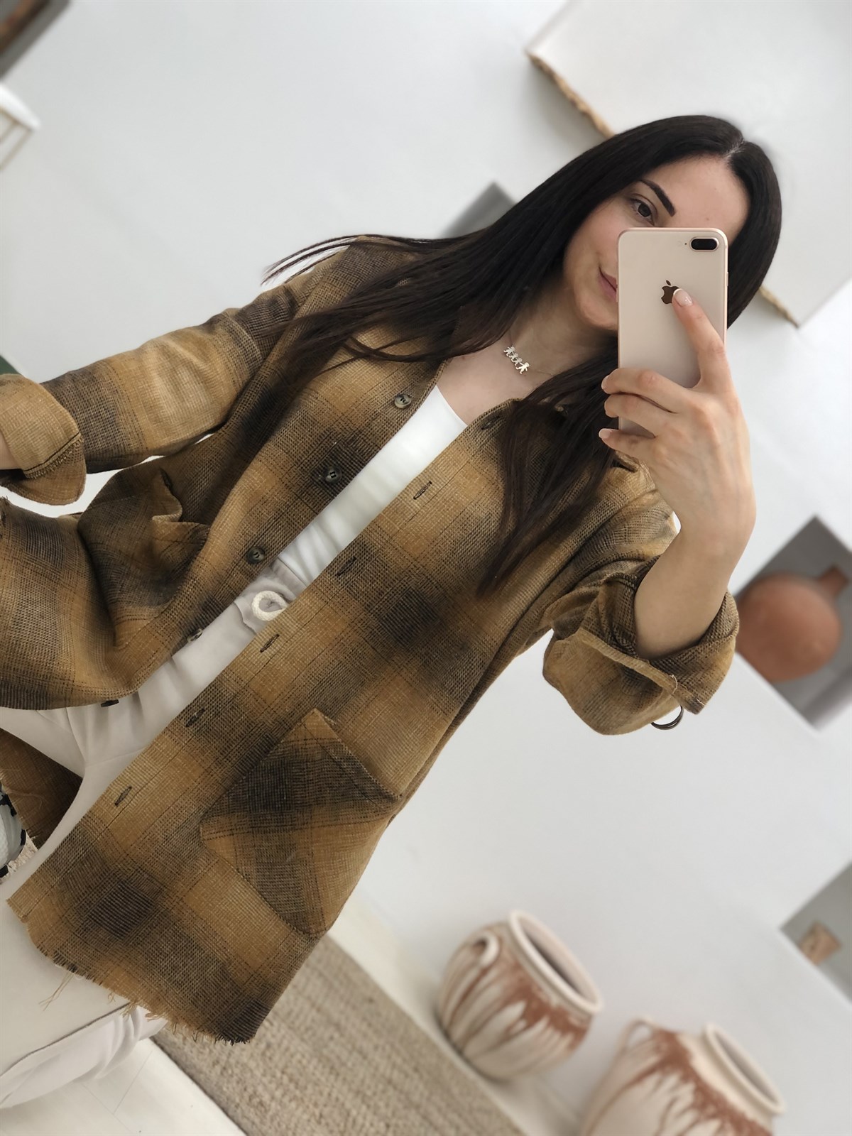Altı Püsküllü Ekose Desen Büyük Kareli Cepli Gömlek-Camel Kahve