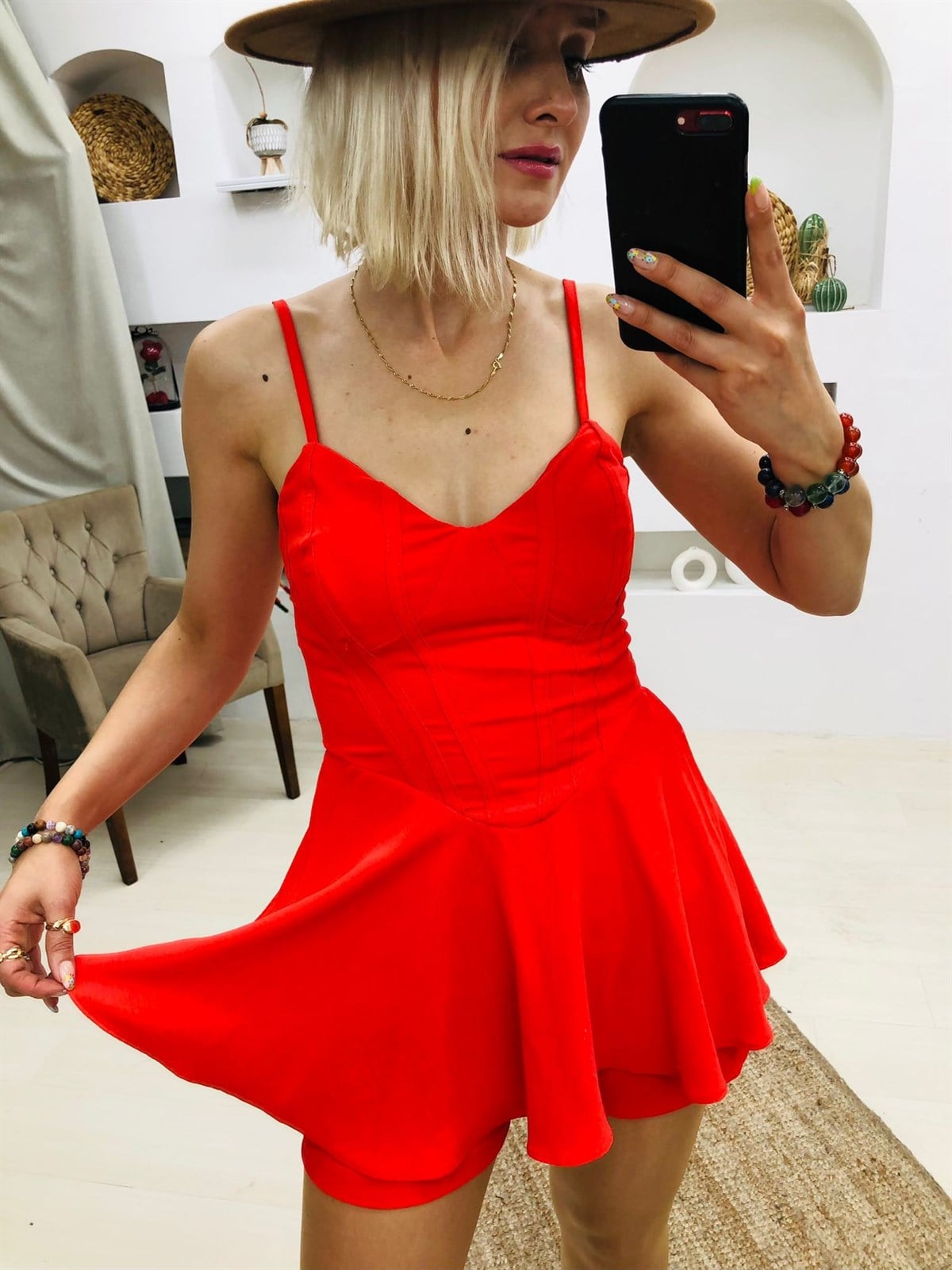 Askılı İçi Şortlu Tulum-Nar Çiçeği