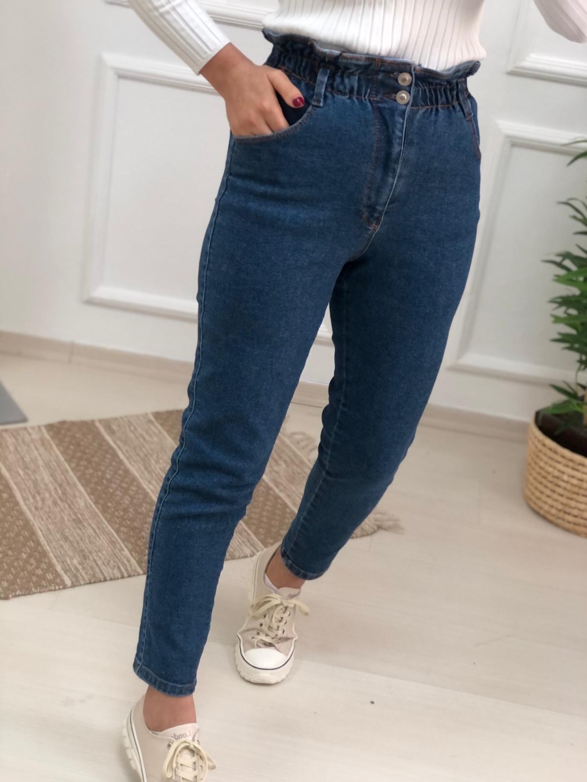 Bel Kısmı Lastikli Mom Jean-Mavi
