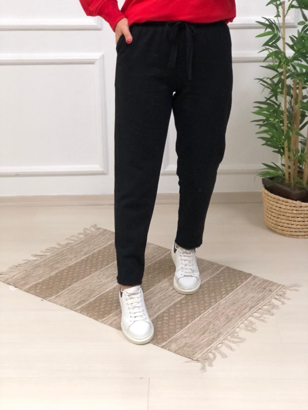 Bel Lastikli Paça Püsküllü Keten Pantolon-Siyah