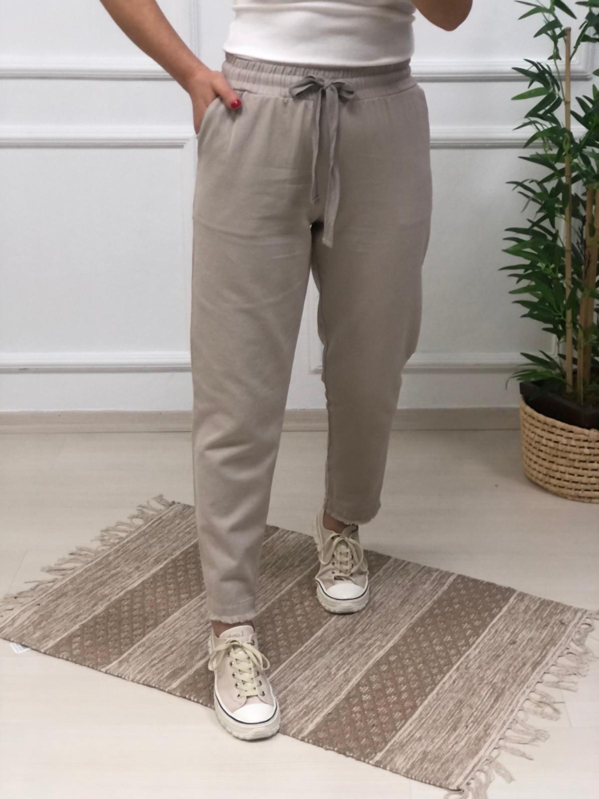 Bel Lastikli Paça Püsküllü Keten Pantolon-Bej