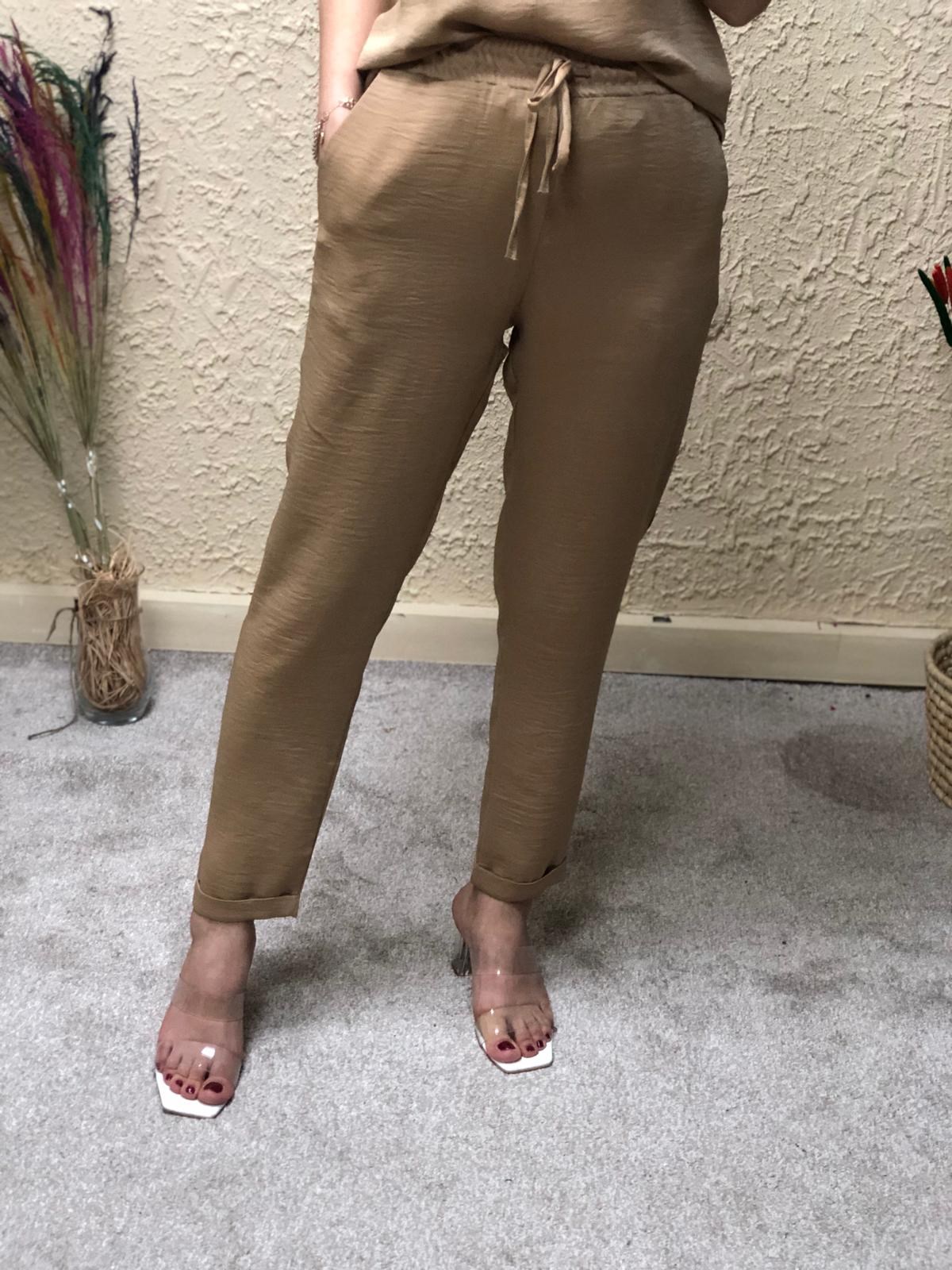 Bel Lastikli Saten Görünümlü Pantolon-Vizon