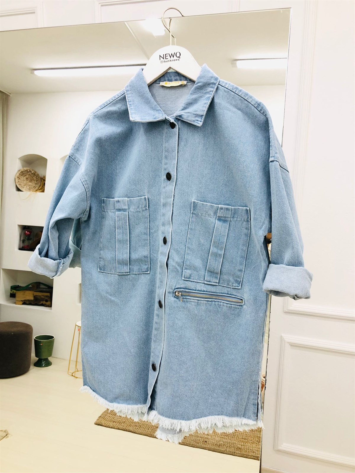 Etek Ucu Püsküllü Cepli Fermuar Detaylı Denim Ceket Gömlek-BuzMavi