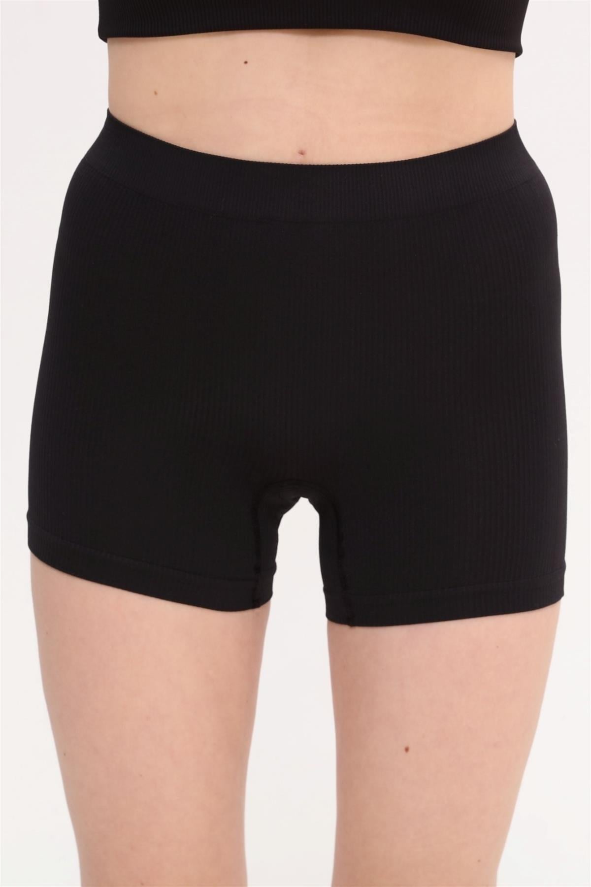 Fitilli Kumaş Likralı Kısa Şort Tayt-XS-S-M-L-XL-XXL Beden-Siyah
