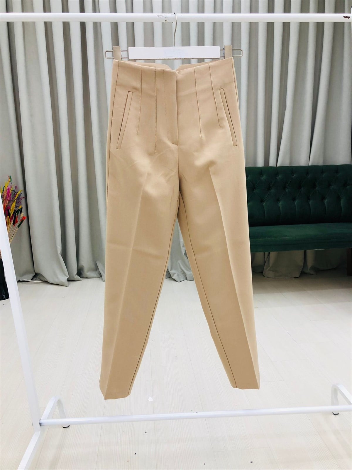 Gizli Cepli Pens Detaylı Kumaş Pantolon-Camel