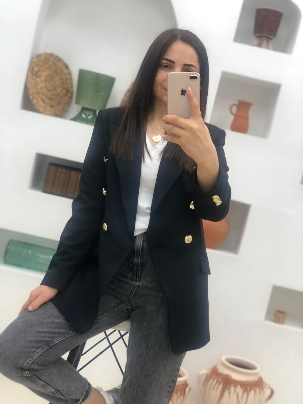 Gold Düğmeli Ara Boy Ceket-Siyah