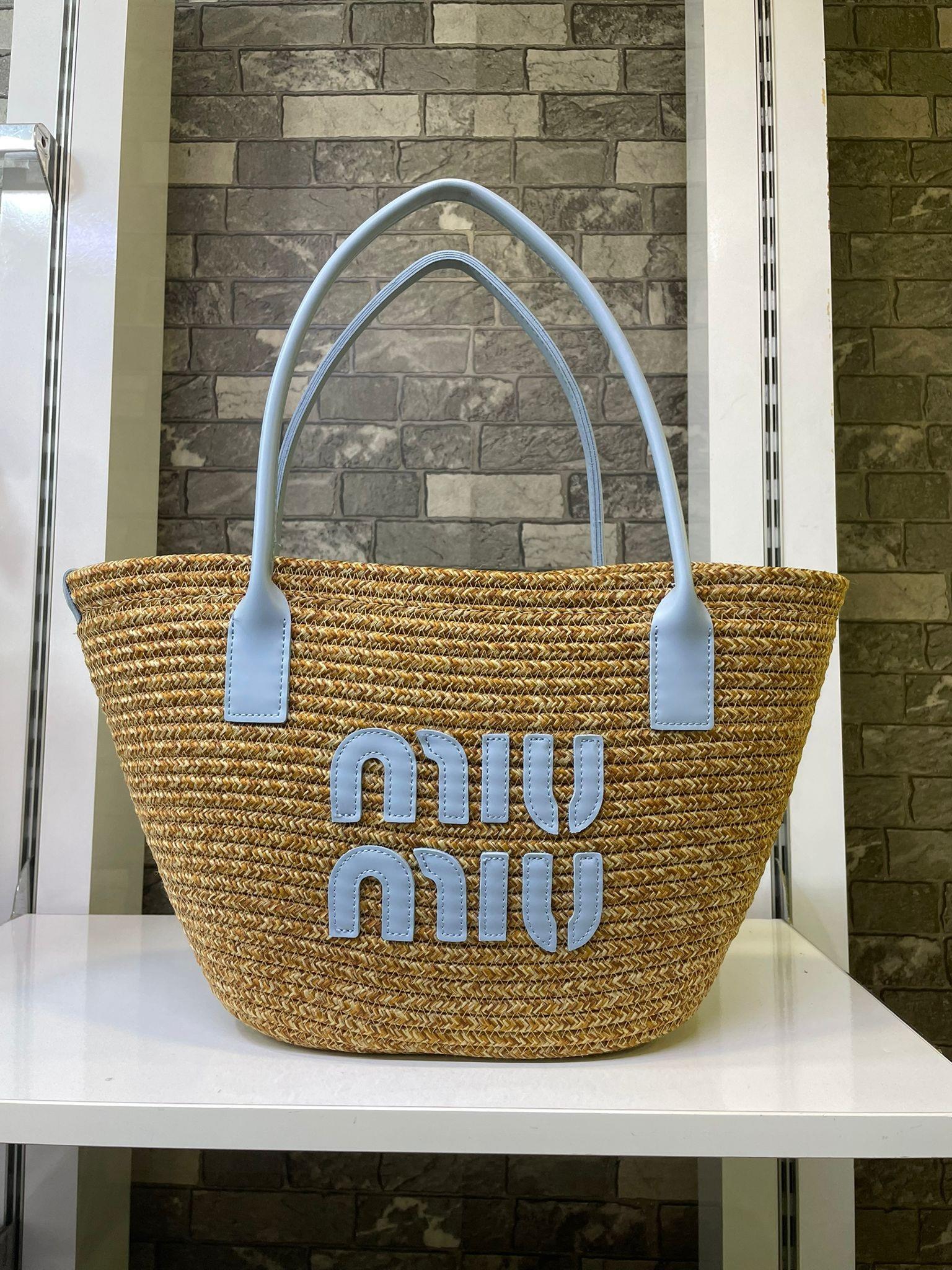 Kadın Miu Miu Yazılı Hasır Çanta-Mavi