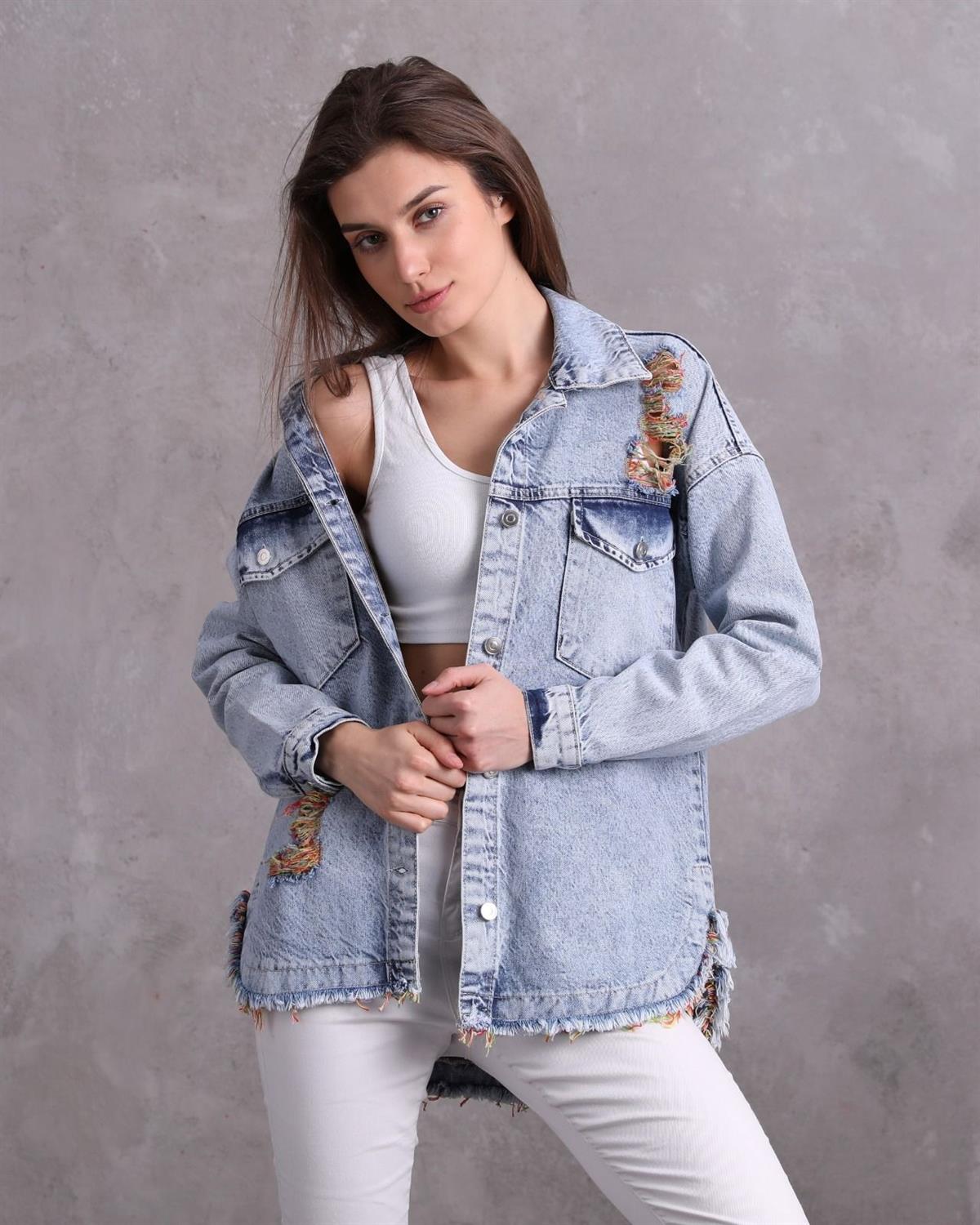 Kalın Denim Kumaş Önü Kısa Arkası Uzun Etek Ucu Saçaklı Kot Ceket