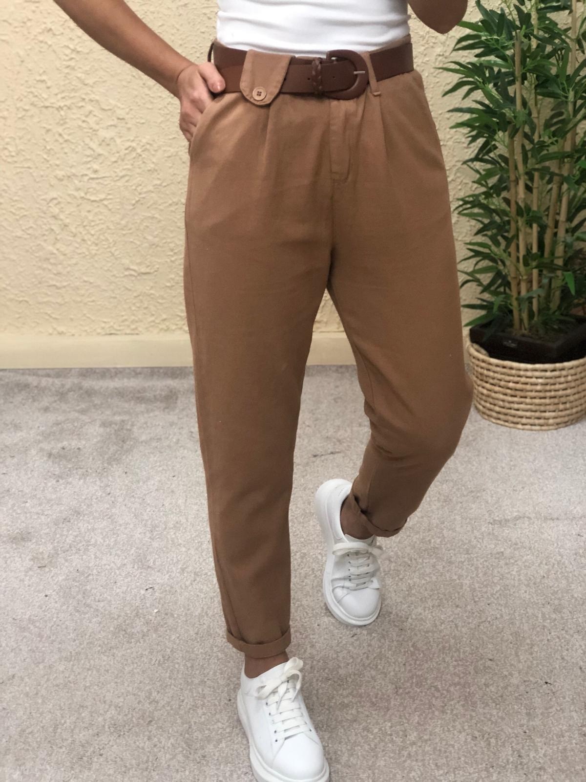 Kemerli Canvas Pantolon-Camel
