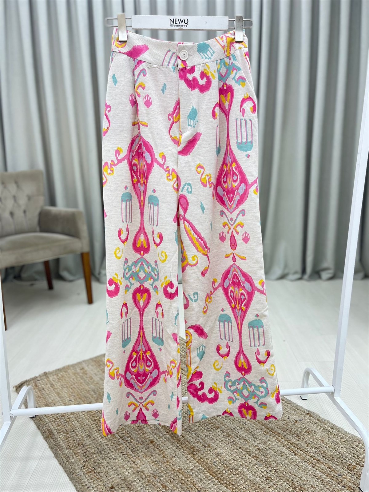 Keten Bol Paça Desenli Pantolon-Fuşya