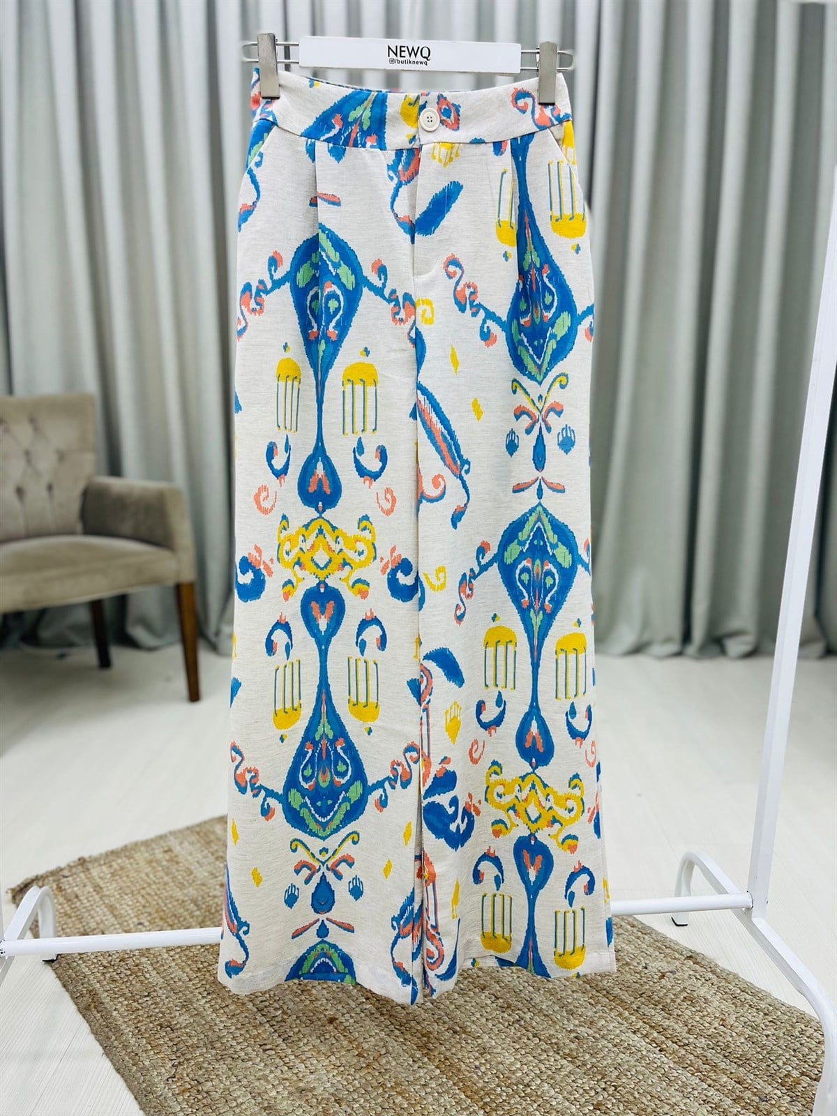 Keten Bol Paça Desenli Pantolon-Mavi