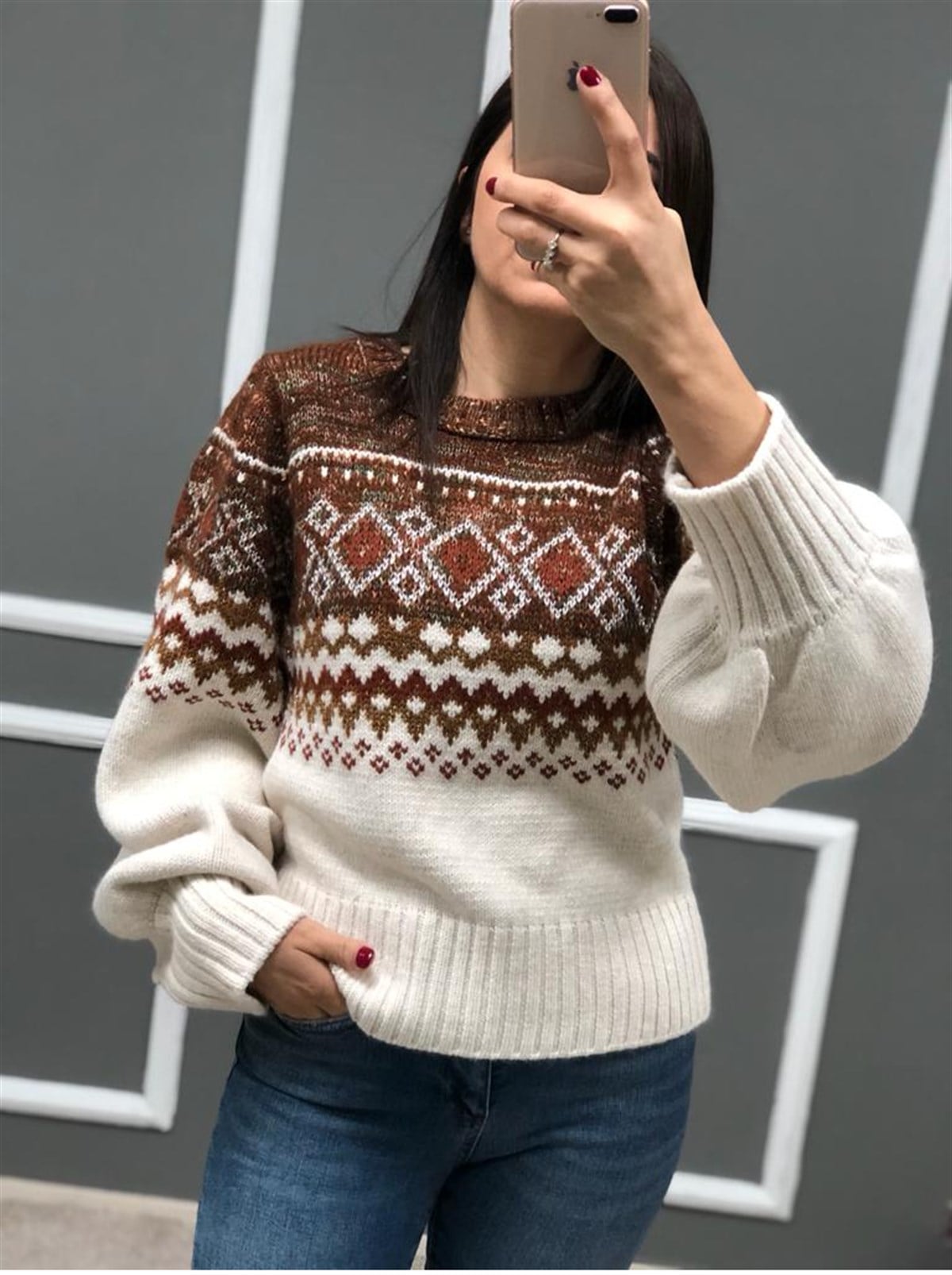 Kilim Desen Yuvarlak Yaka Kazak-Kahve